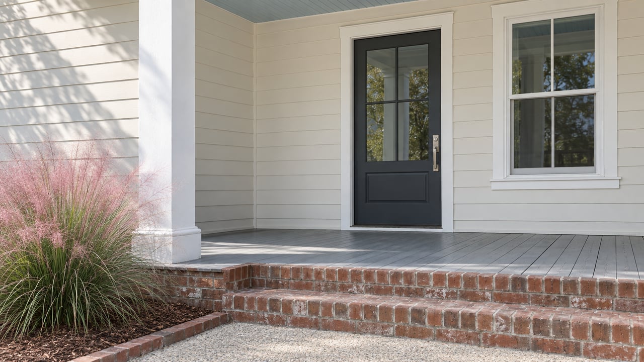 Cream-sided home porch with a glazed dark door, white column, brick steps and pink muhly beside a shell-aggregate walk.