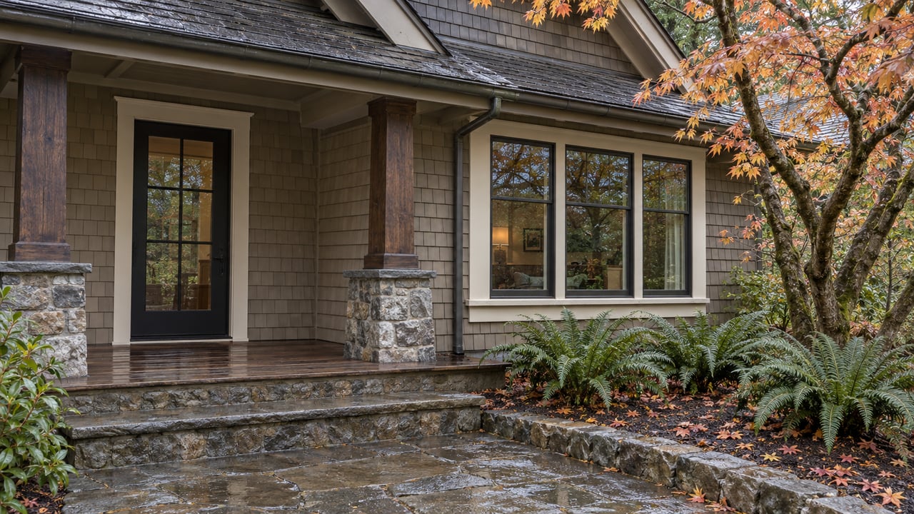 Rain-darkened stone steps lead to a covered wood-shingle entry beside a vine maple and three sword ferns.