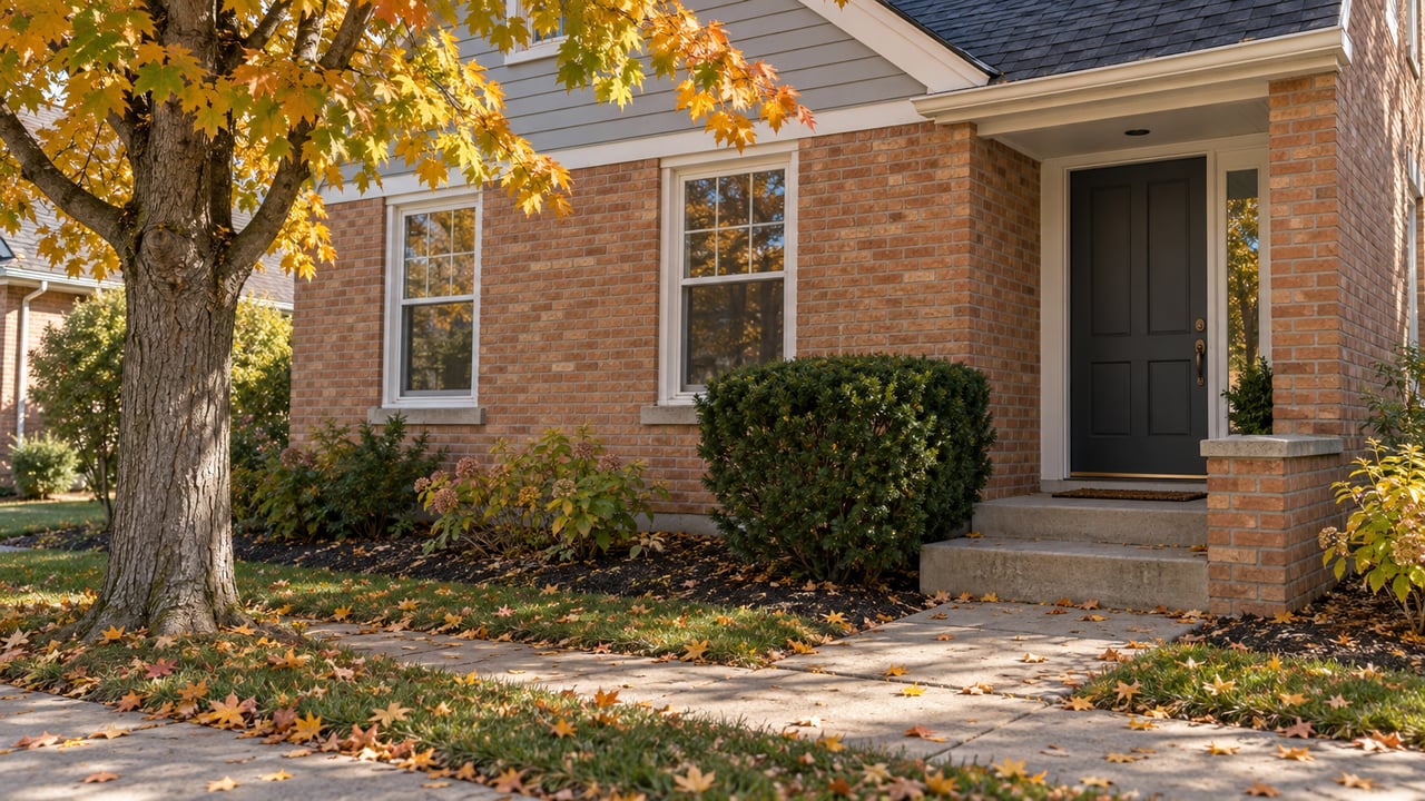 Brick home beneath a sugar maple with gold-orange leaves, two sash windows, and a recessed entry.