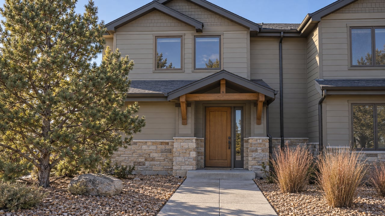 Two-story attached home with gray lap siding, buff stone entry, timber door, and water-wise autumn planting.