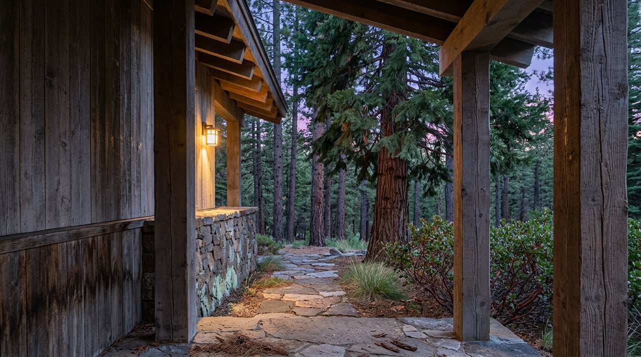 Timber entry portico with a warm amber sconce lighting a stone paver and post, opening onto a pine-lined path at blue hour.