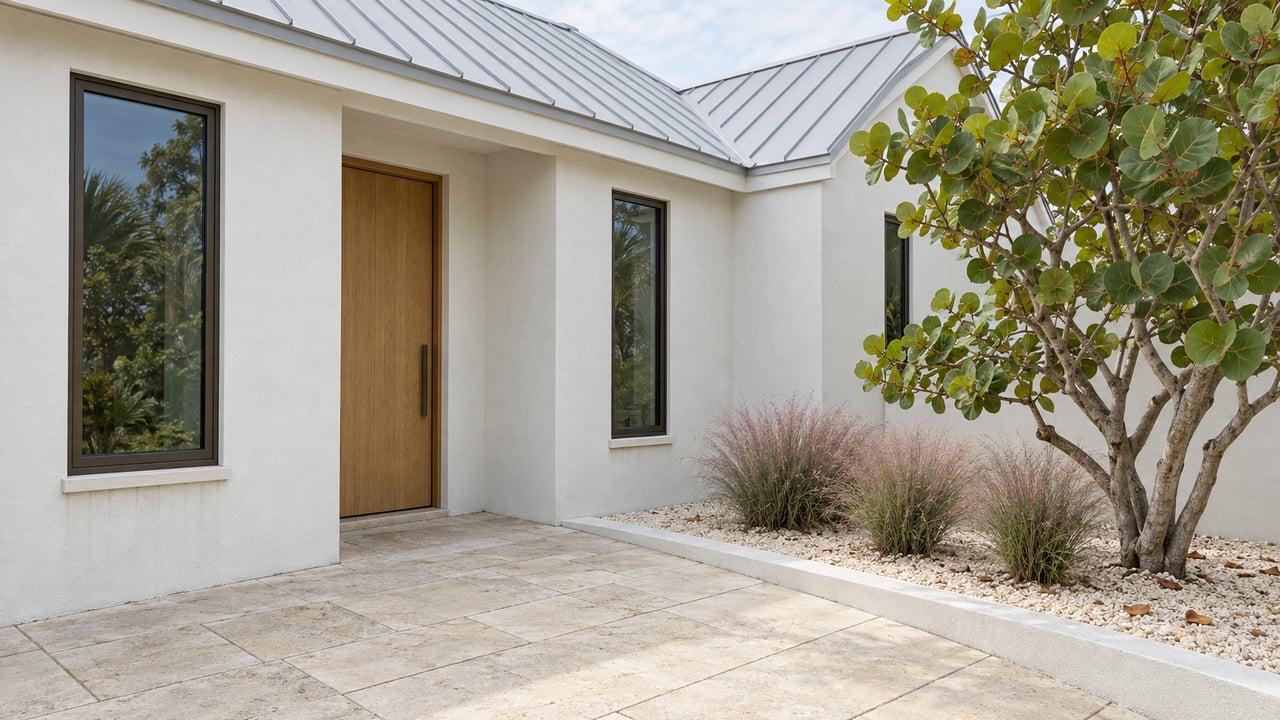 White stucco home with a gray metal roof, recessed oak door, bronze-framed windows, and a tropical planting bed.