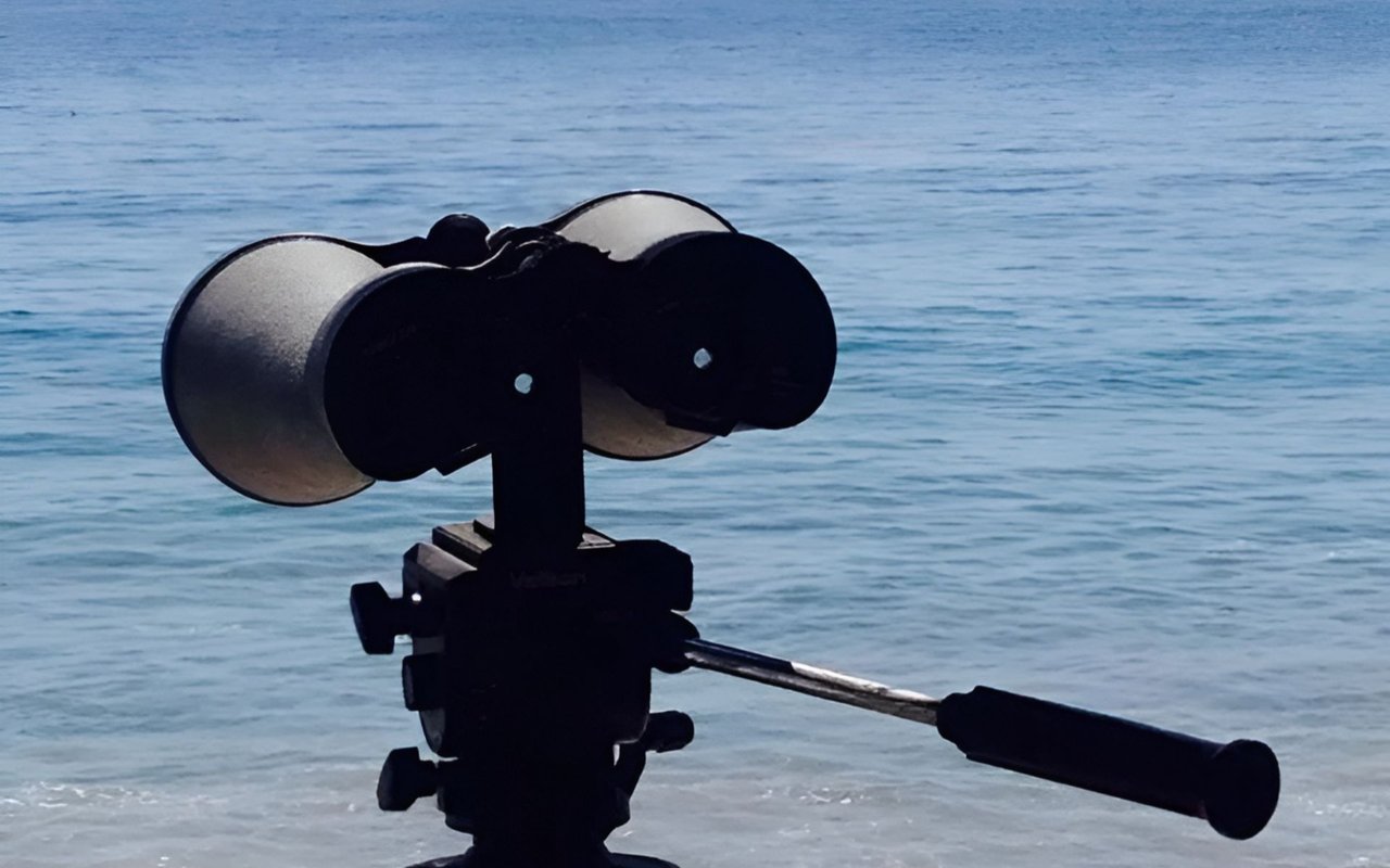 Coin-operated binocular viewer overlooking calm blue ocean water.
