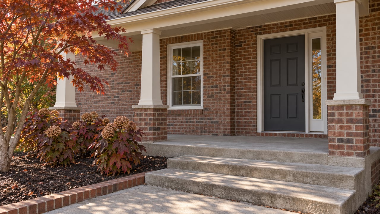 Brick home porch with cream columns, broad concrete steps and red autumn maple foliage in warm afternoon light.
