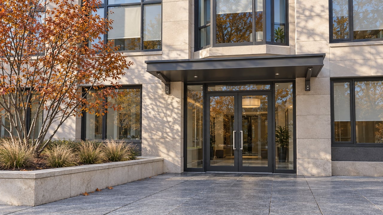 Sunlit limestone and glass condominium entrance beside a copper-leaved serviceberry and a paved forecourt.