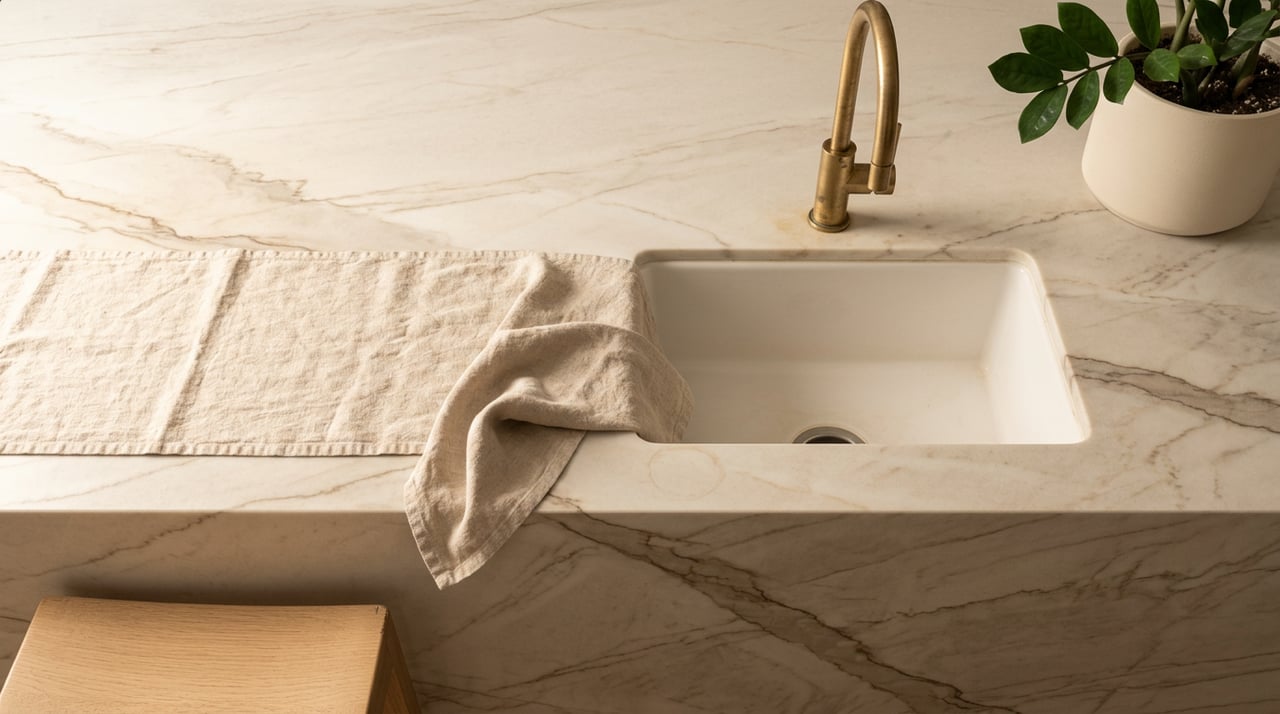 Quartzite kitchen island with an integrated sink, aged brass faucet, rumpled linen runner, and potted plant.