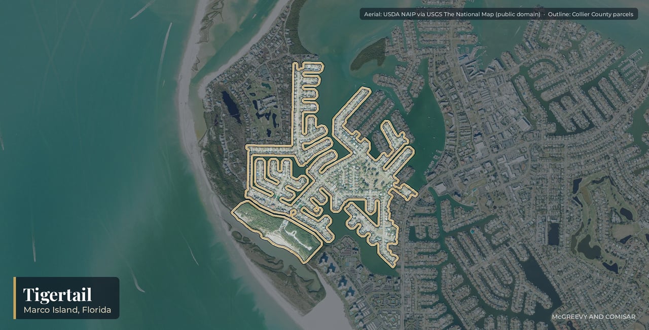 Aerial view of Tigertail on Marco Island, Florida, around Tigertail Beach Park and Sand Dollar Lagoon