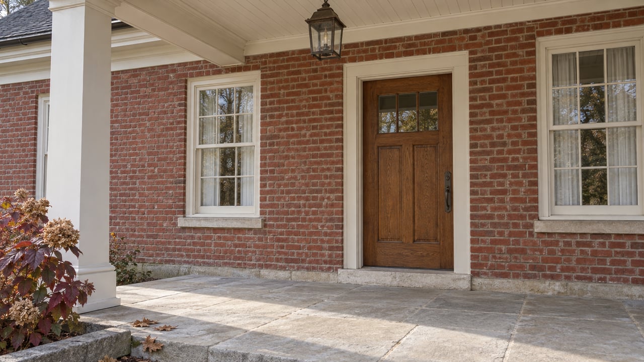 Autumn morning light across a brick home's covered porch, oak entry door, divided-light windows and limestone paving.