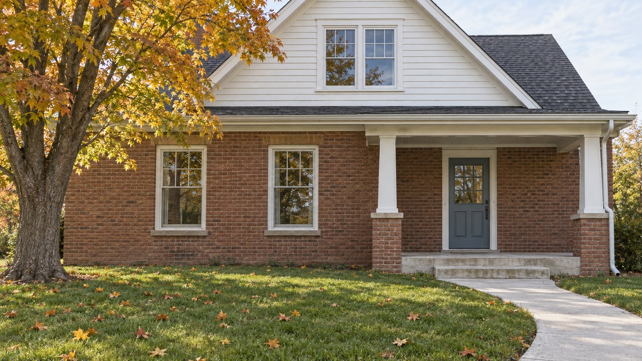 Autumn maple beside a brick and white-clapboard home, with a covered porch and broad green front lawn.