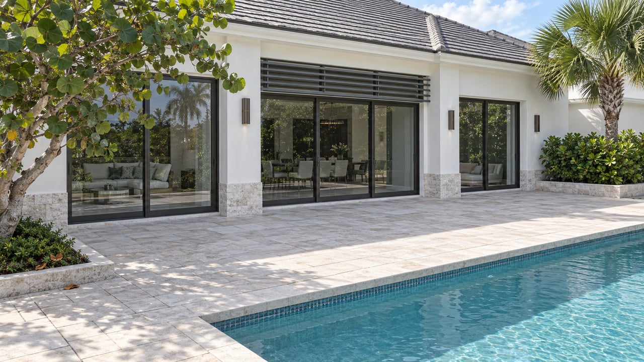 White coastal house with bronze glass doors, limestone pool deck, blue-green water, and tropical trees.