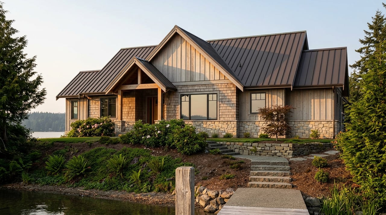 Waterfront home with a dark metal gabled roof, cedar siding, stone foundation, and a planted slope leading to calm water.