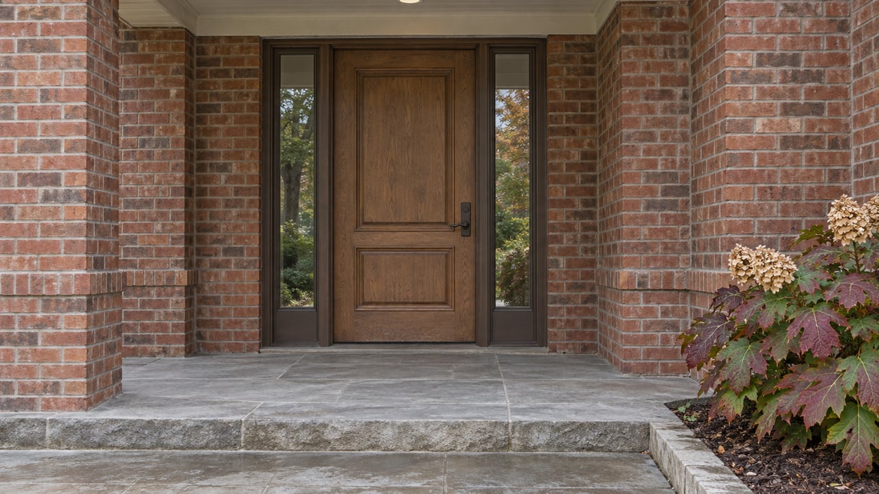 Sheltered red-brown brick entrance with an oak door, matching glass sidelights, limestone steps and burgundy oakleaf hydrangea.