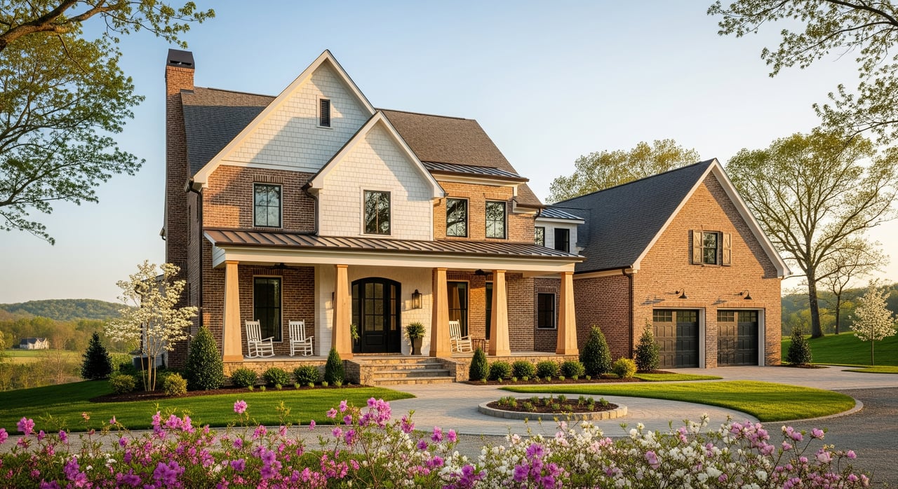 Large brick-and-white farmhouse with a covered porch, attached garage, circular driveway, and flower beds.