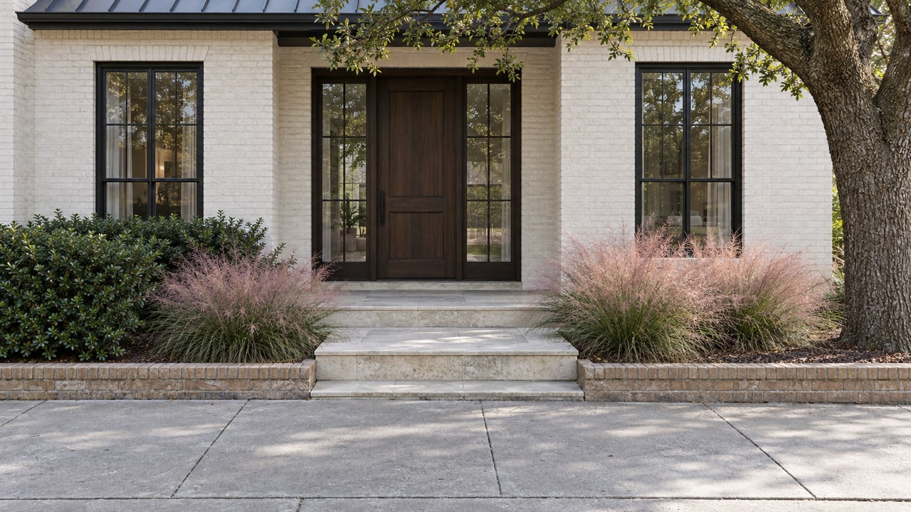 Pale-cream brick house with a recessed walnut door, limestone steps, and raised planting beds beside the sidewalk.