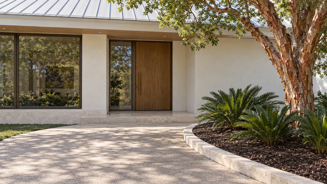 Sunlit stucco home entrance with a pale metal roof, oak door, curved concrete approach and copper-barked specimen tree.