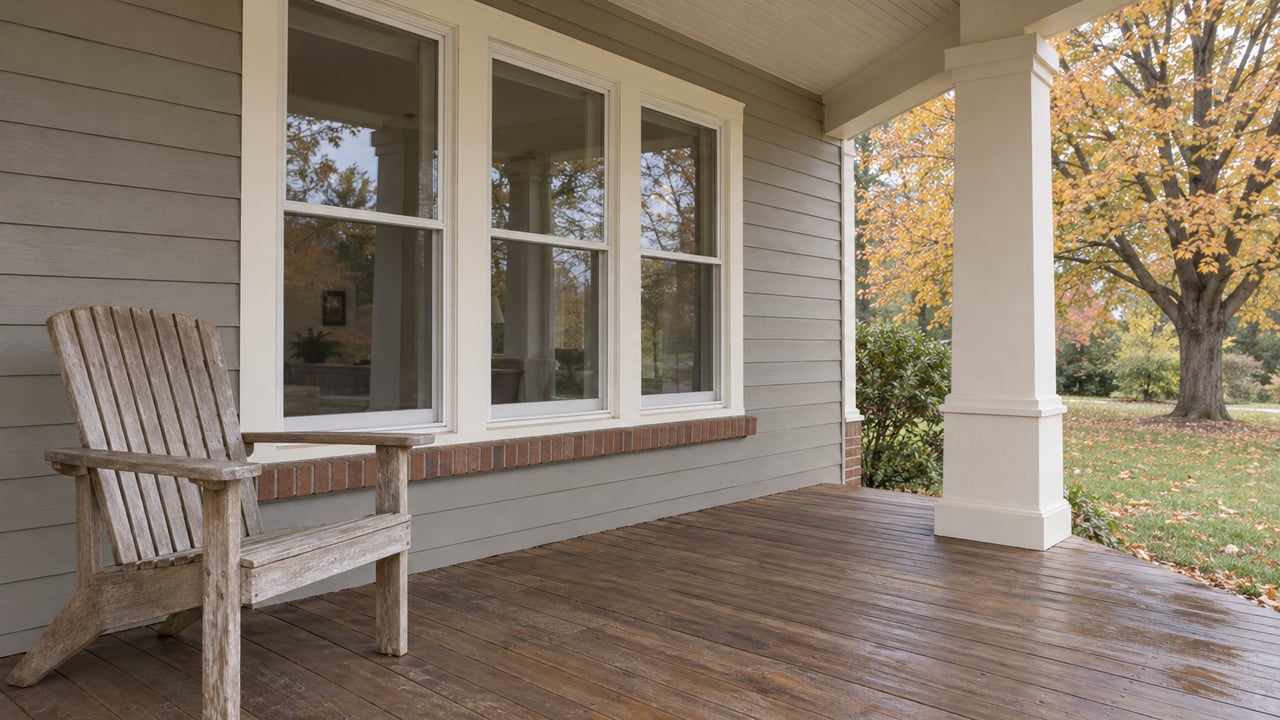 Covered porch with warm gray wood siding, three white-trimmed windows, an oak chair and a view of autumn maple leaves.