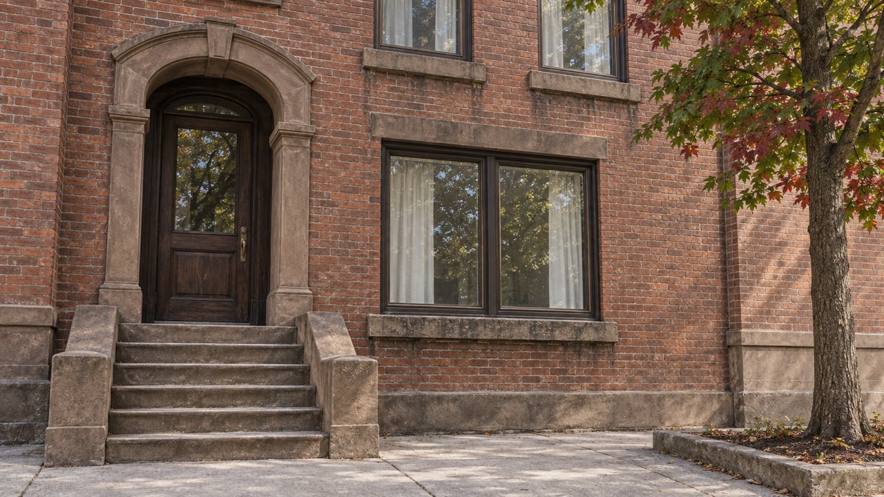 Red-brown brick townhouse entrance with a worn sandstone stoop, dark oak door and red maple foliage.