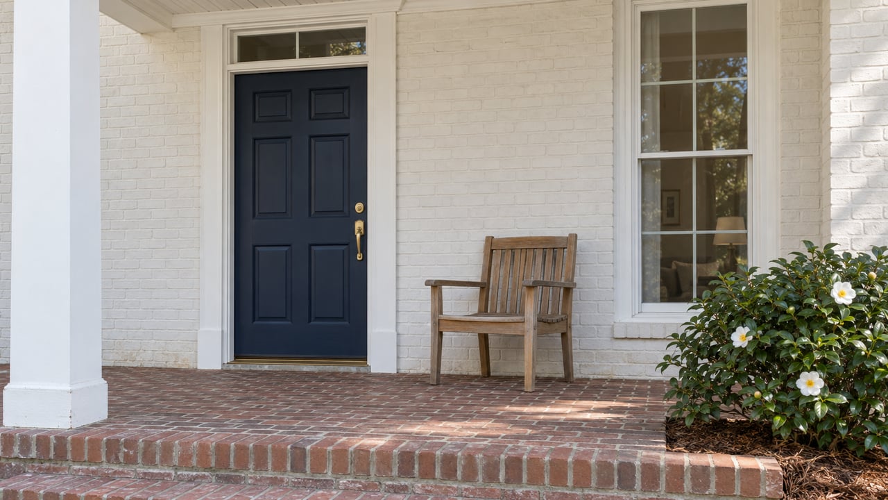 White painted-brick porch with a navy entry door, teak chair, red-brown brick steps and a flowering camellia.