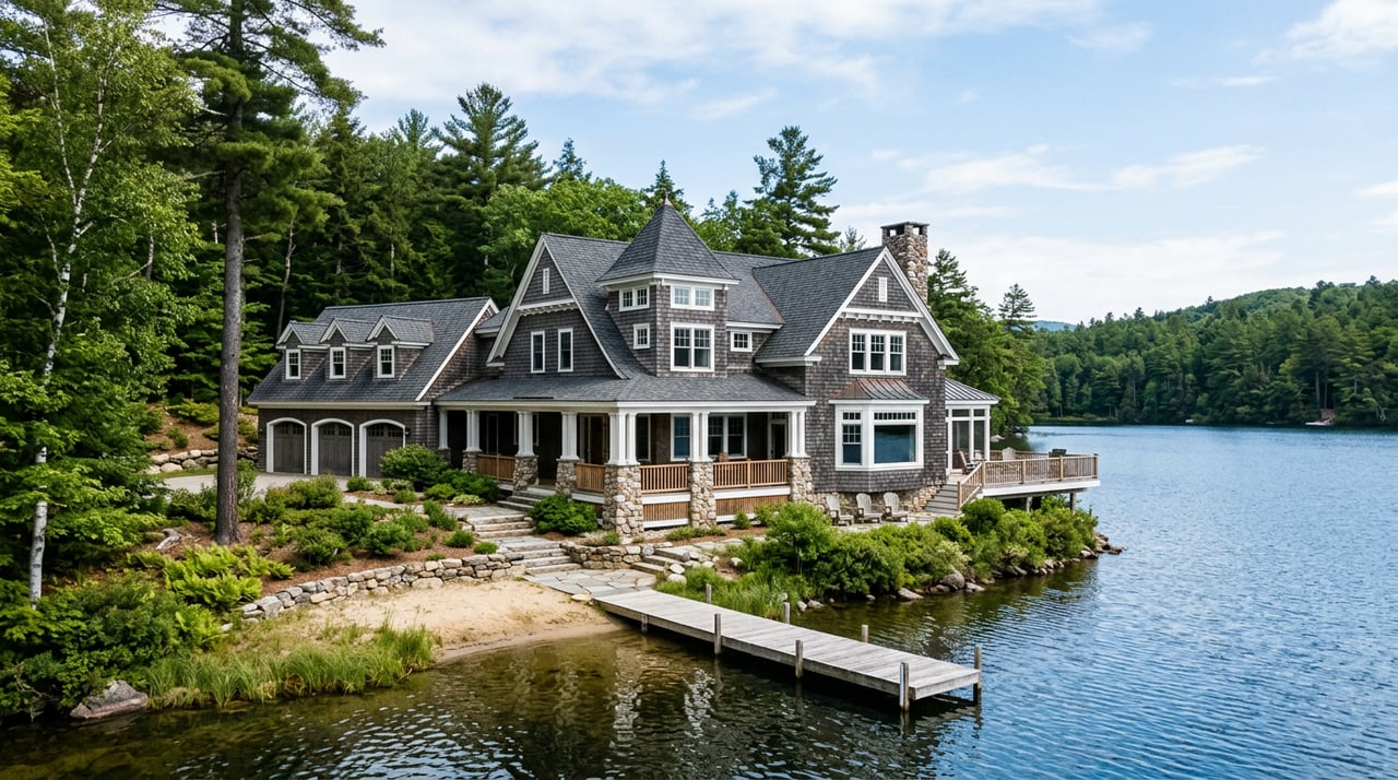 Shingle-style lake home with a gabled end and covered porch beyond a broad, sloping lawn.