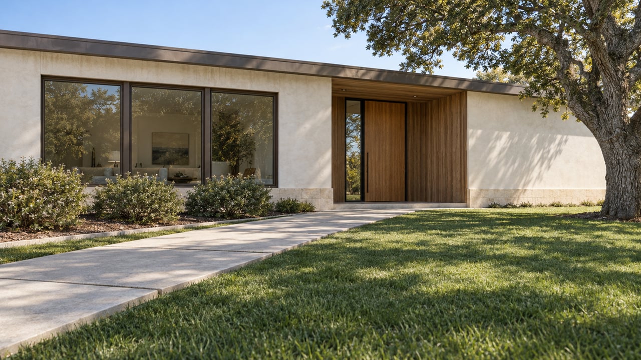A contemporary single-story home with ivory stucco, a cedar entry, bronze-framed windows, and a broad concrete approach across a lawn beneath a mature oak.