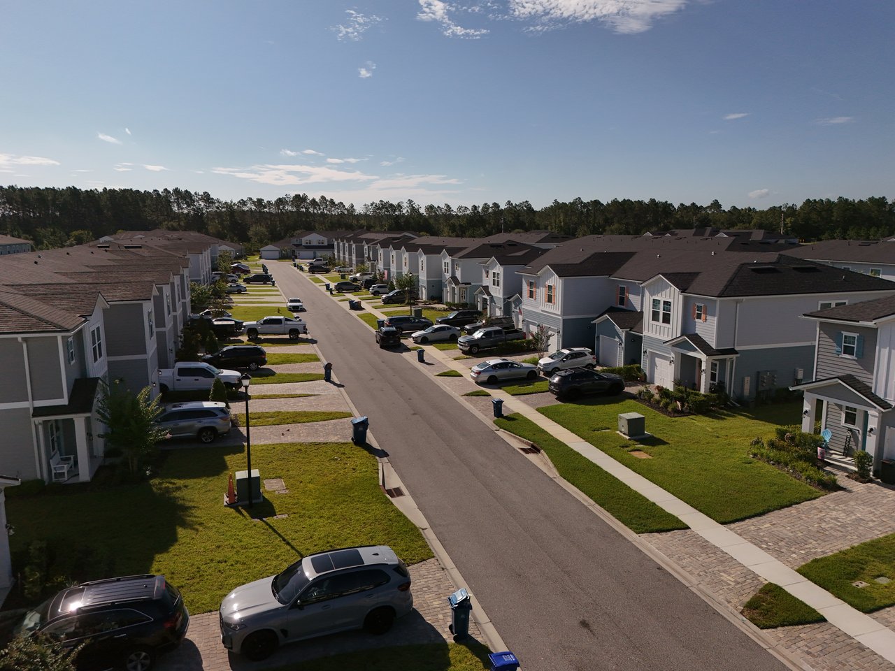Aerial view of a neighborhood street lined with two-story homes and a wooded tree line.