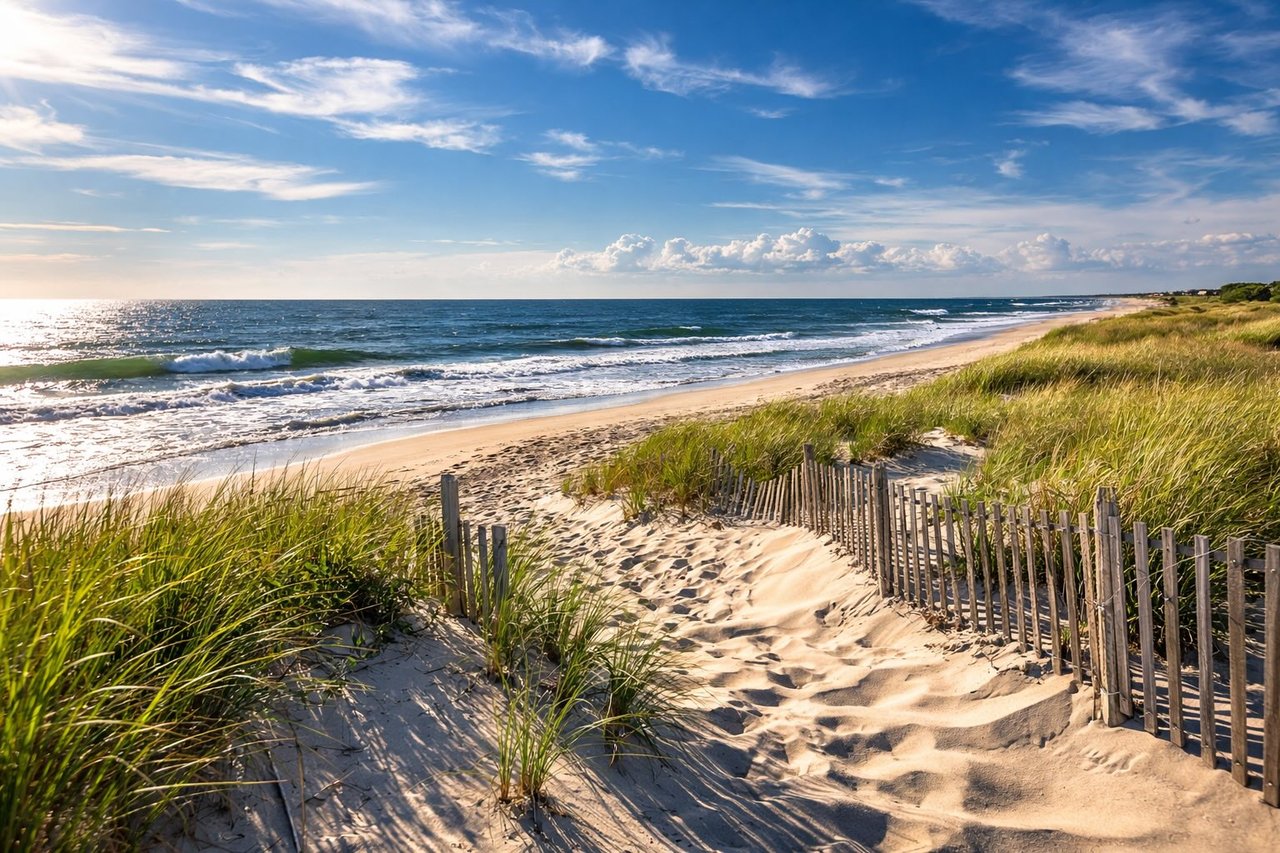Ponquogue Beach in Hampton Bays with wide sandy shoreline, Atlantic waves, and summer beach scene