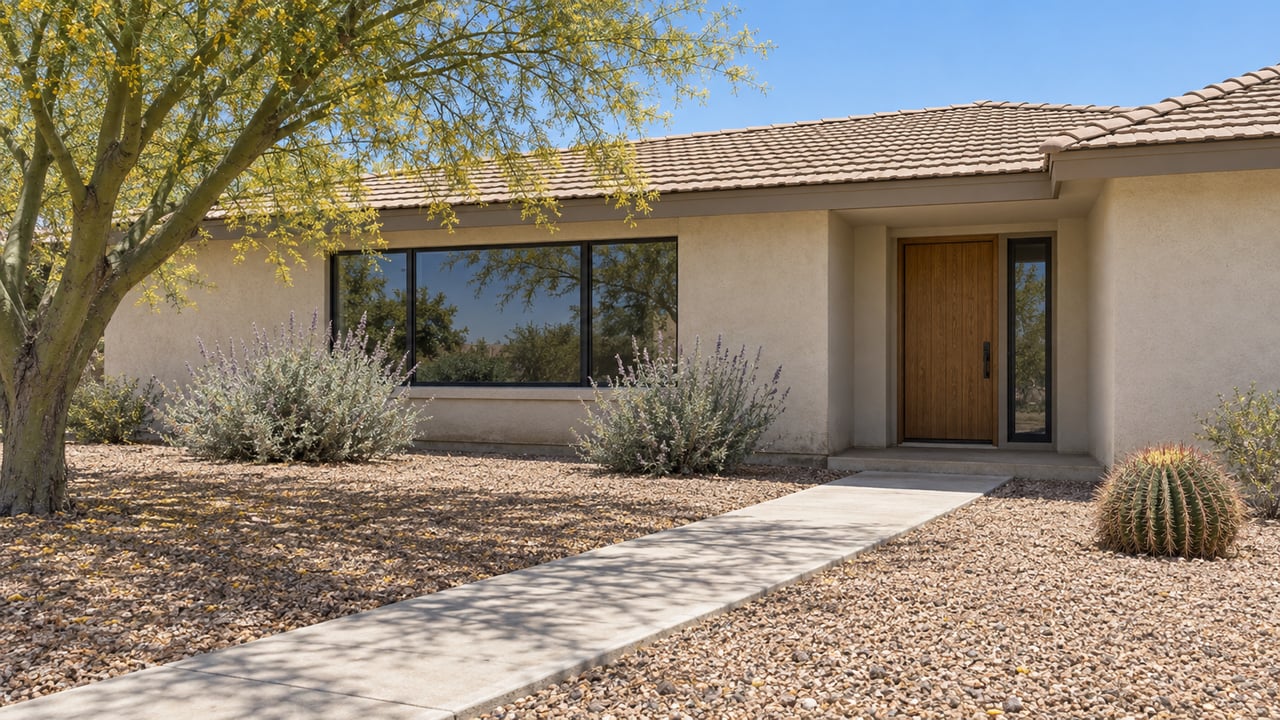 An ivory stucco single-story home with a tiled roof, oak entry door, broad black-framed window, and a concrete approach through a spacious desert garden.