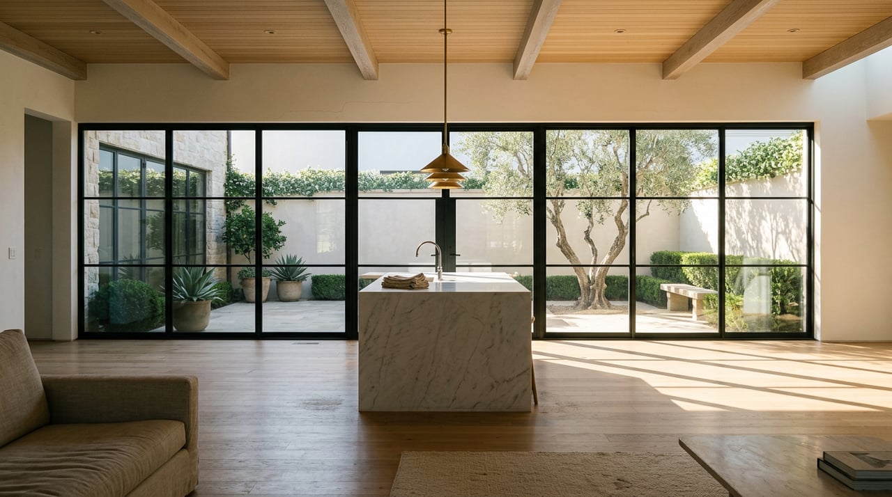 Great room with a marble island, black-framed glass doors, and a courtyard olive tree.