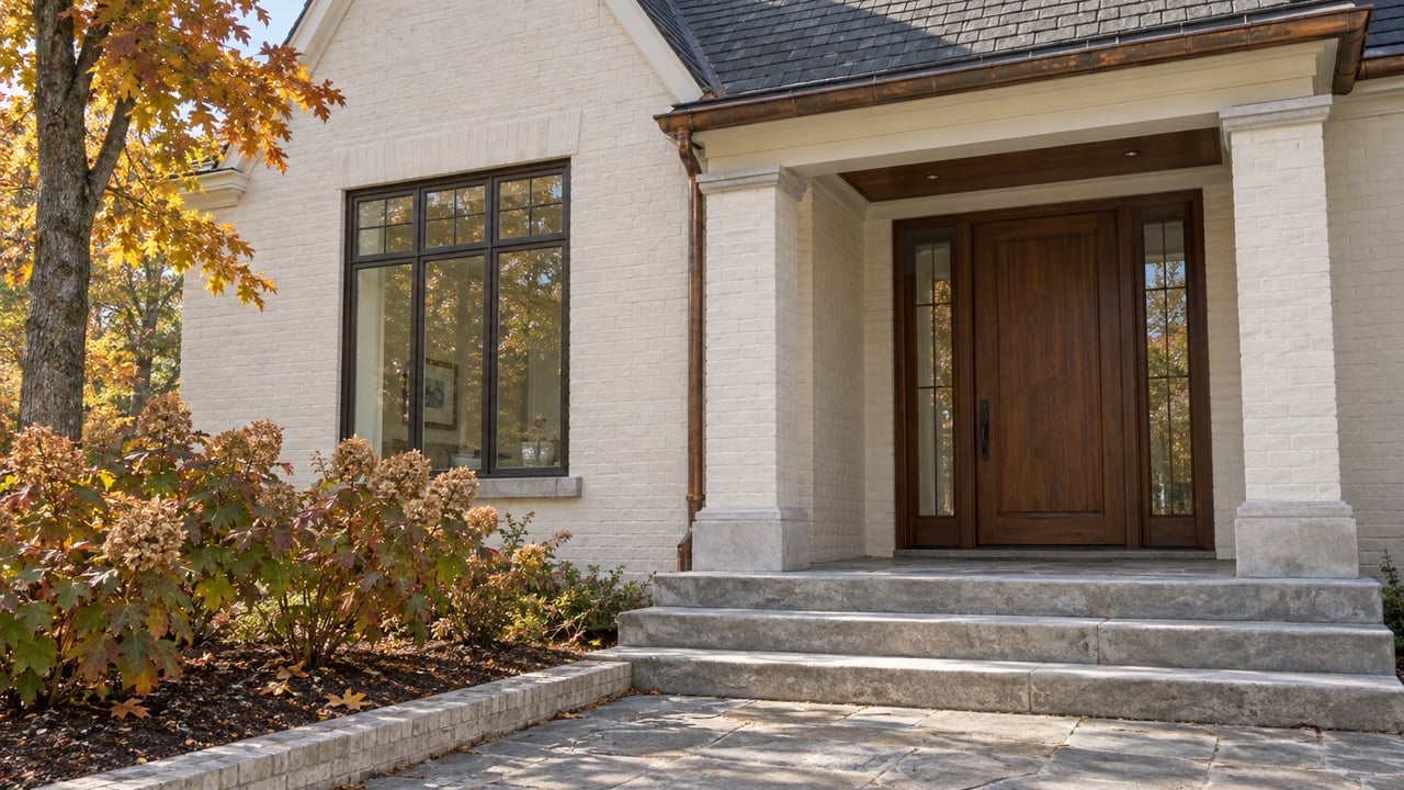 Painted brick home entrance with a walnut door, limestone steps and autumn oakleaf hydrangeas.