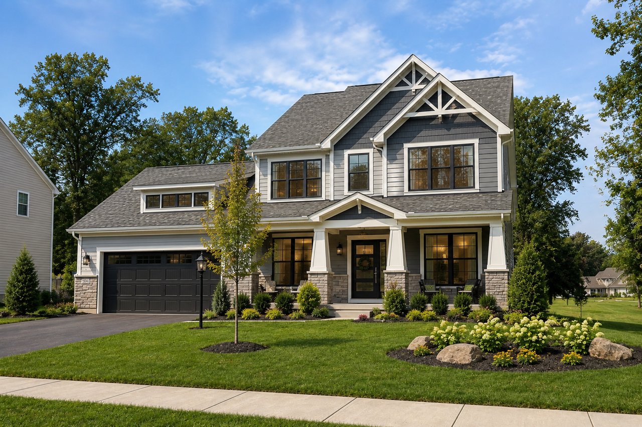 Craftsman-style home in Sunbury Ohio with mature landscaping, covered porch, and strong curb appeal