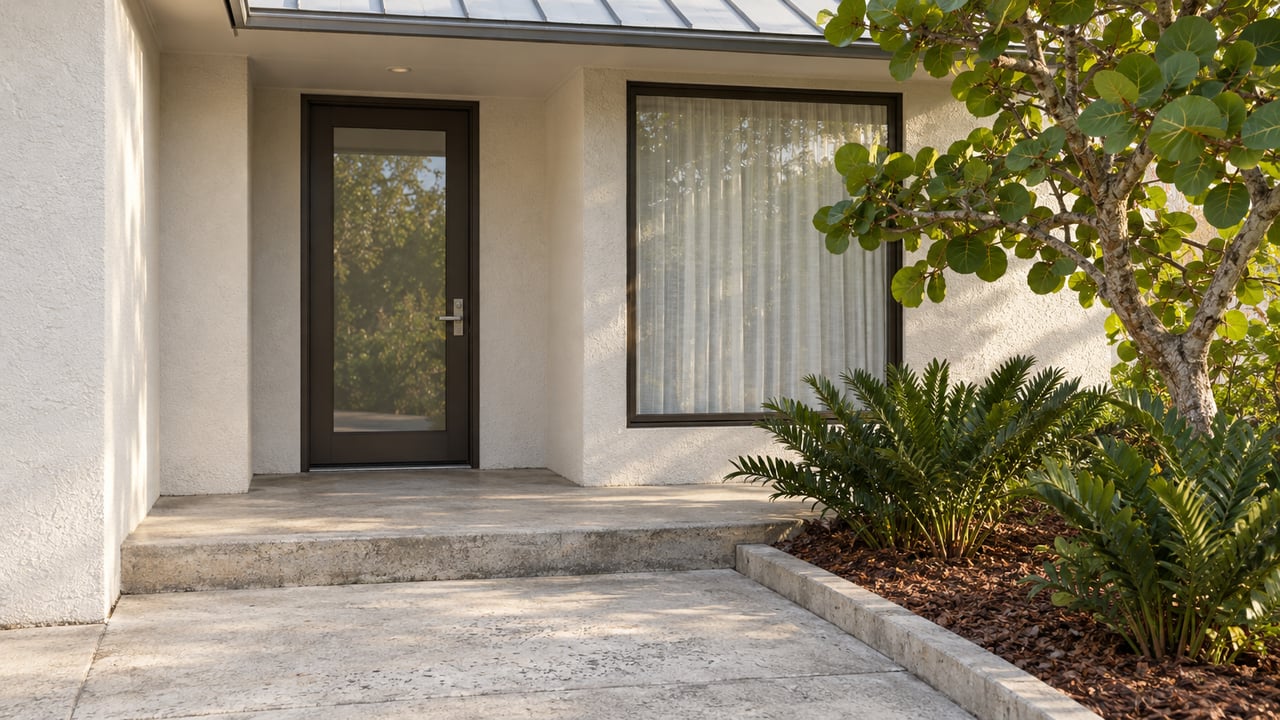 Warm afternoon light on a white stucco home's sheltered glass entry, pale concrete step and sculptural sea grape planting.
