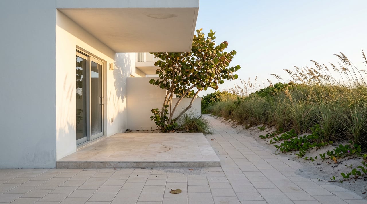 Paver path beside a white stucco terrace, with sea grape and sea oats growing on a sandy dune berm.