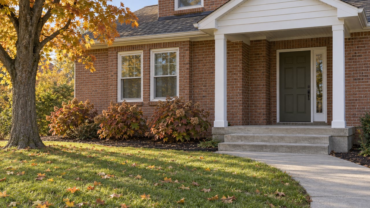 Autumn light across a brick home's covered entry, concrete approach, broad lawn and amber maple leaves.