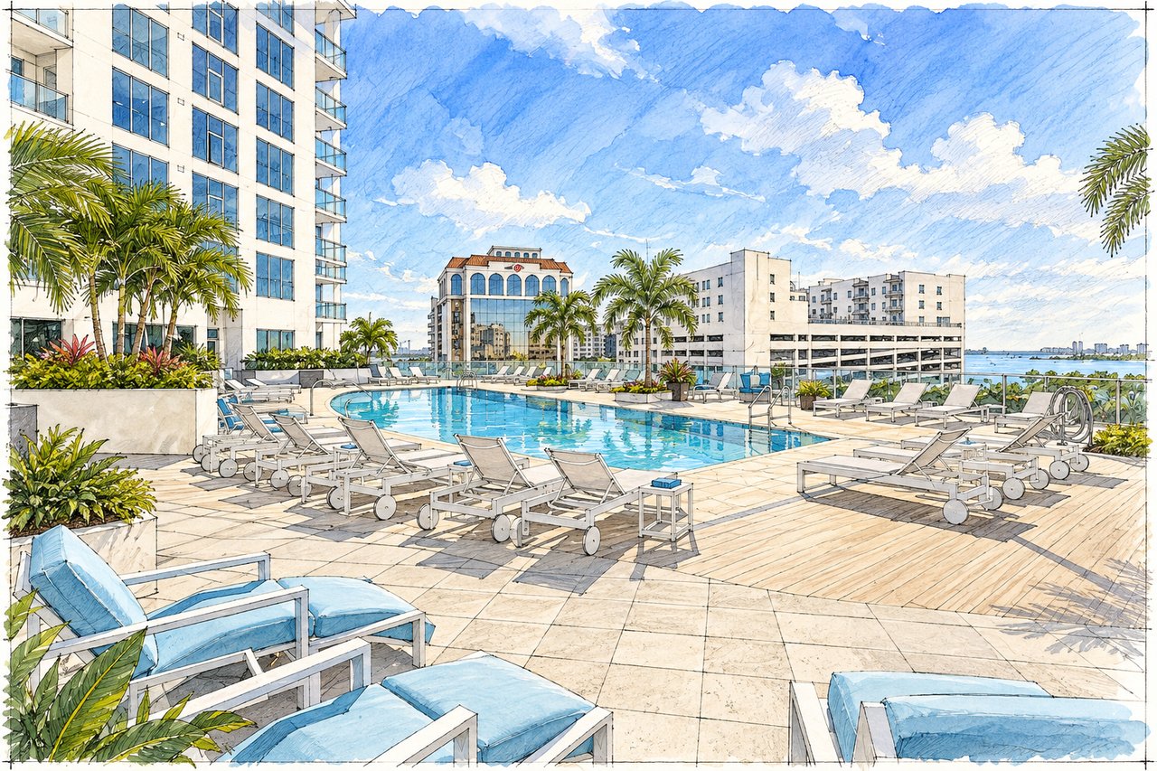 Rooftop pool deck with lounge chairs, palm trees, condominium towers, and views of the bay.