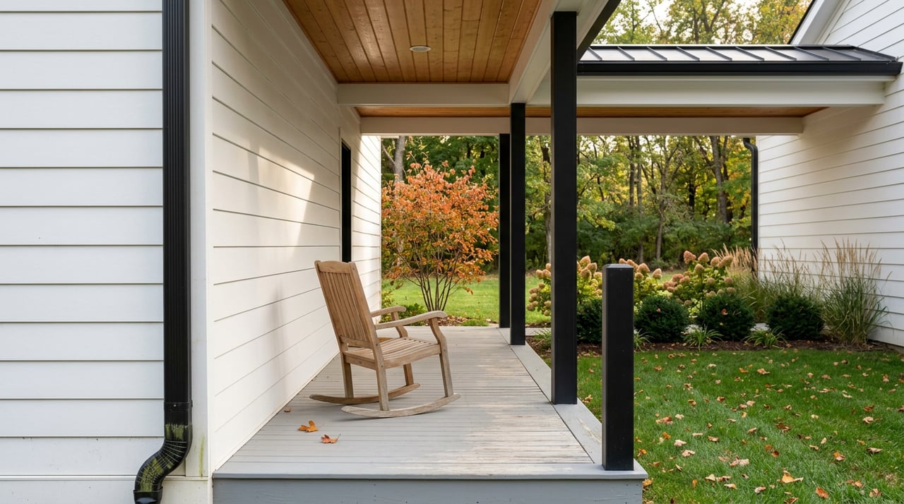 Covered breezeway with a wooden rocking chair overlooking a leaf-strewn lawn and autumn-colored garden.