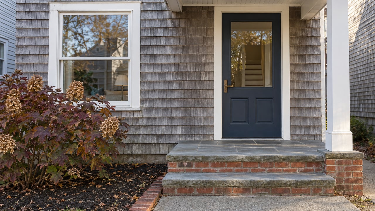 Weathered gray shingle home with a navy glazed entry door, bluestone steps, and burgundy oakleaf hydrangea beside the approach.