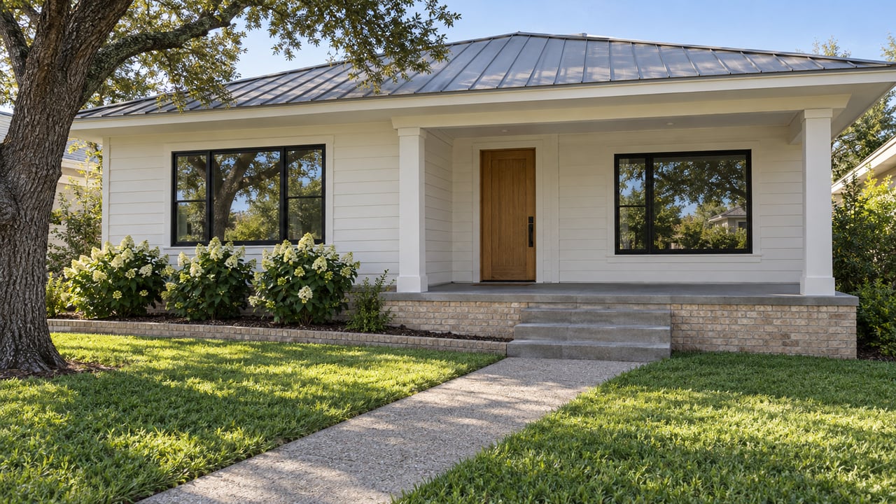 A compact white-sided home with a gray metal roof, oak front door and raised porch behind a green lawn and concrete walkway.