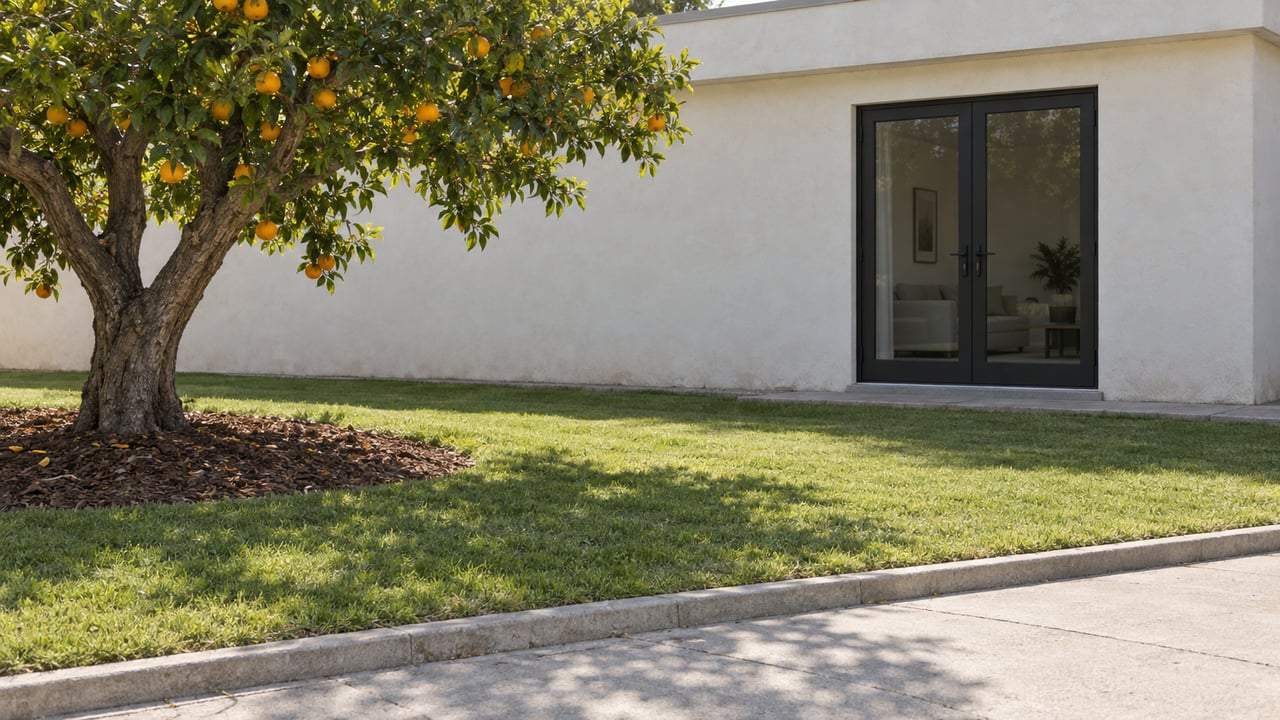 Single-story stucco home with black-framed French doors, a citrus tree, and a lawn divided from the approach by a concrete curb.