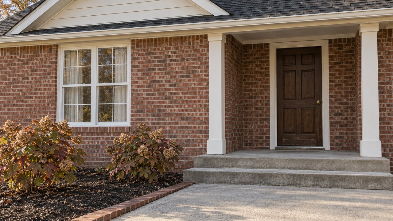 Red-brown brick home entrance with a white-trimmed gable, dark oak door, concrete steps and russet oakleaf hydrangeas.