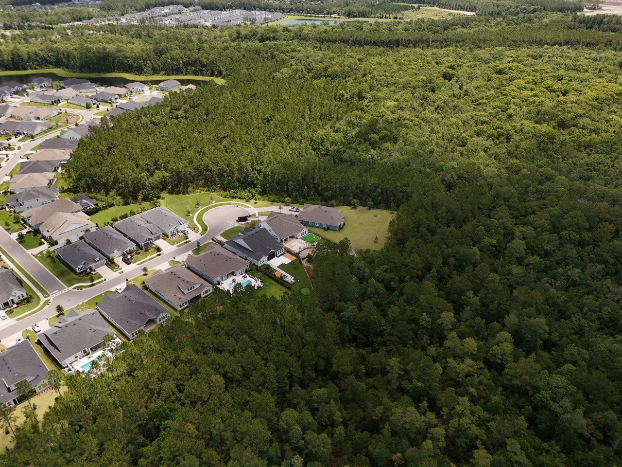 Aerial view of homes along a cul-de-sac bordering a dense wooded area.