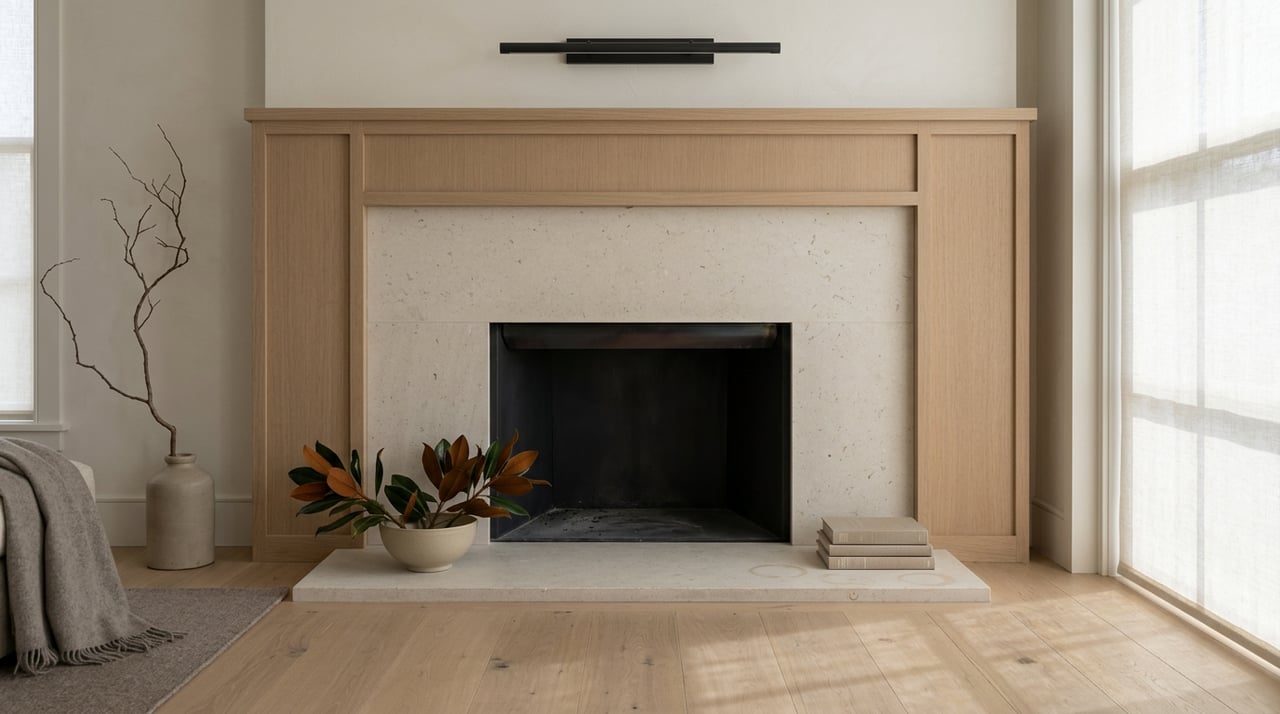 Limestone fireplace wall flanked by white oak paneling, with a ceramic bowl of magnolia leaves on the hearth.