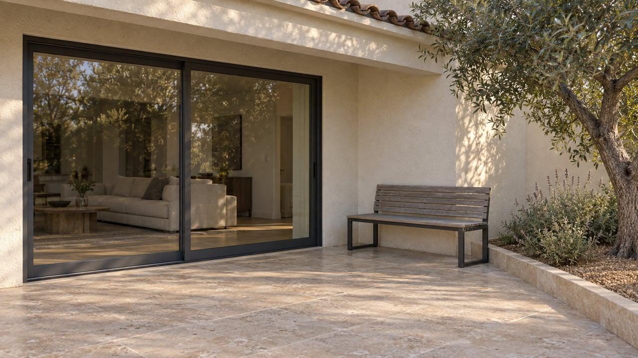 Sunlit limestone patio beside ivory stucco and closed charcoal-framed sliding doors, with a weathered teak bench and an olive tree.