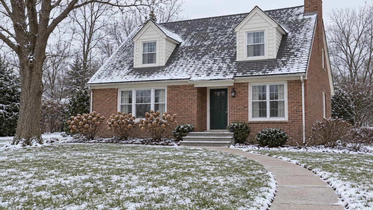 Brick-and-ivory home with two dormers, a cleared curved walk and patchy snow across its broad front lawn.