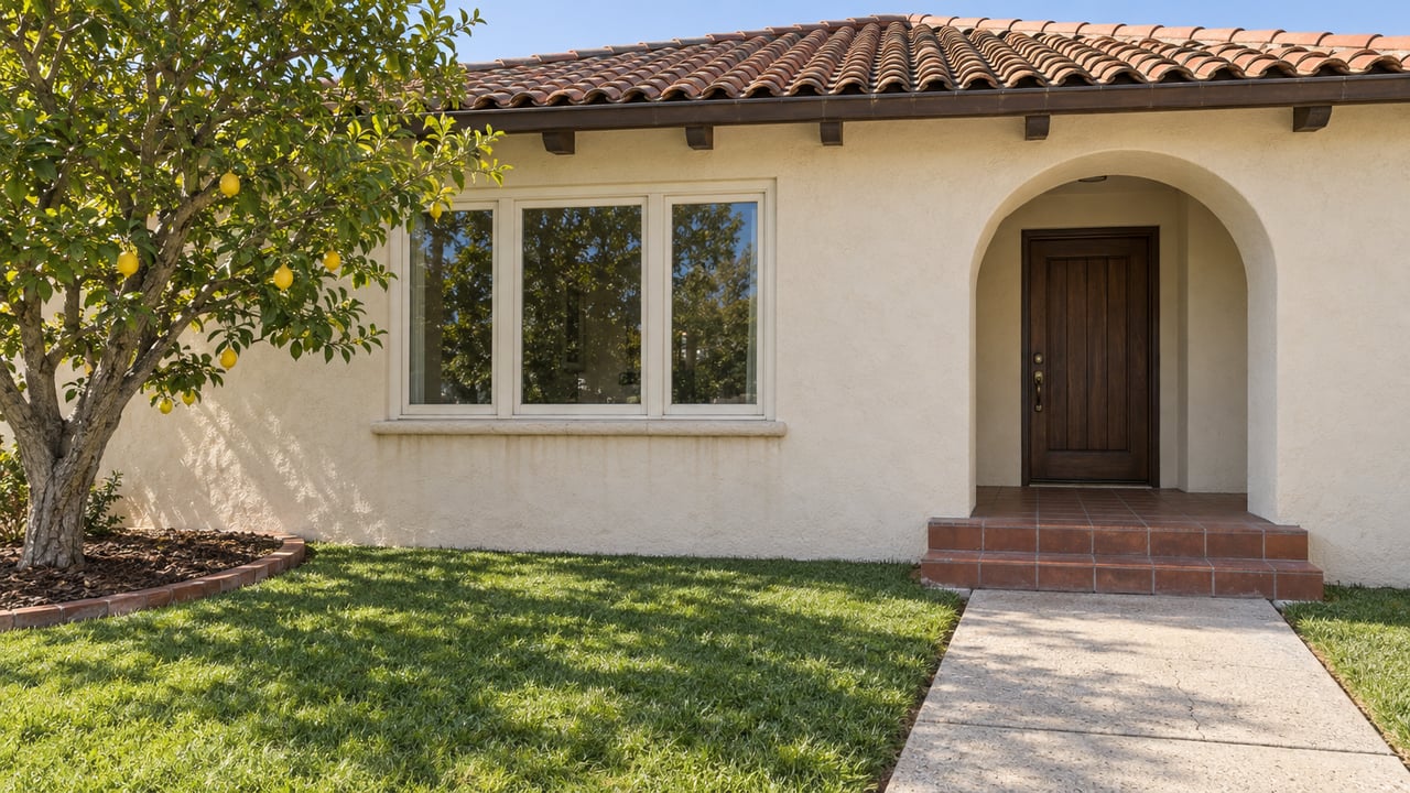 Sunlit cream stucco home with a clay tile roof, recessed arched entry, reddish tiled porch and a lemon tree beside the front lawn.