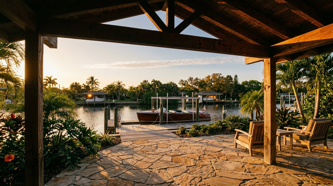 Covered lanai with travertine patio and weathered dock beside a canal at sunset.