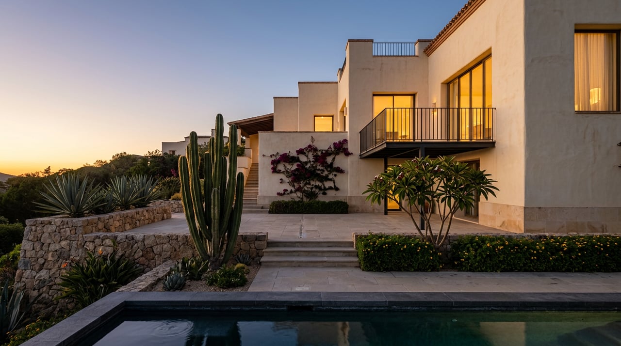 Stepped stucco estate with glowing draped windows, a pool, and tall cactus beside stone terraces.