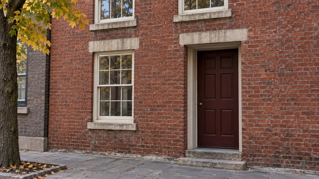 Red-brick townhouse with sash windows, an oxblood door, and yellowing maple leaves at the sidewalk.