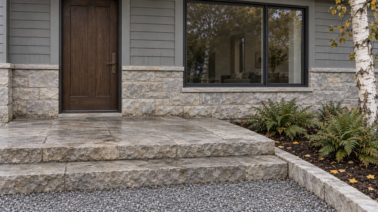 Gray-sided home entry with a dark oak door, limestone steps, a large window, and a white-barked birch beside a fern bed.