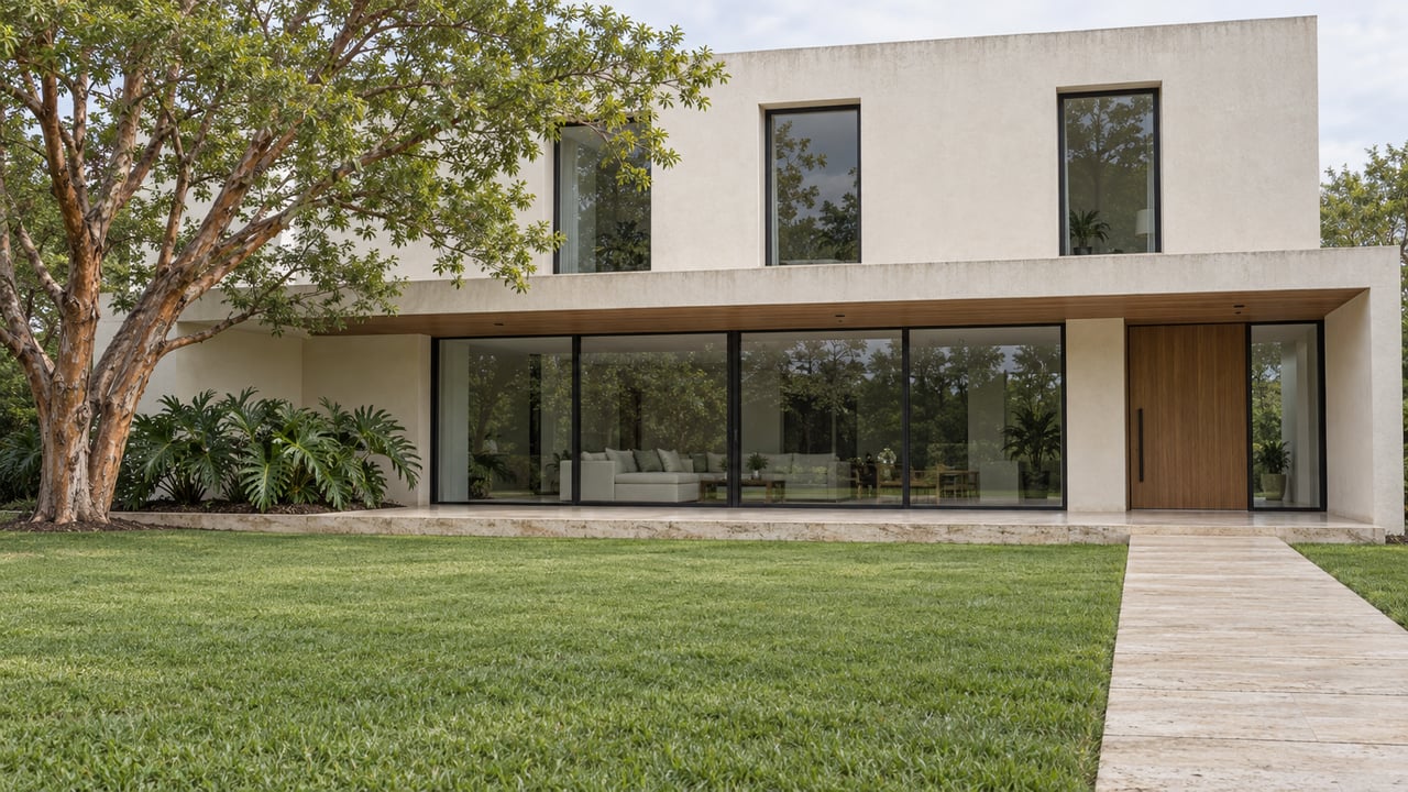 Contemporary two-story home with ivory plaster, dark-framed glass, a travertine approach, and a deep lawn beneath a spreading copper-barked tree.