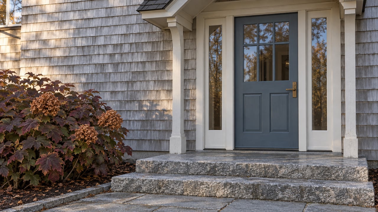 Weathered gray cedar-shingle entry with a blue-gray glazed door, paired sidelights, granite steps, and burgundy oakleaf hydrangea foliage in soft morning light.